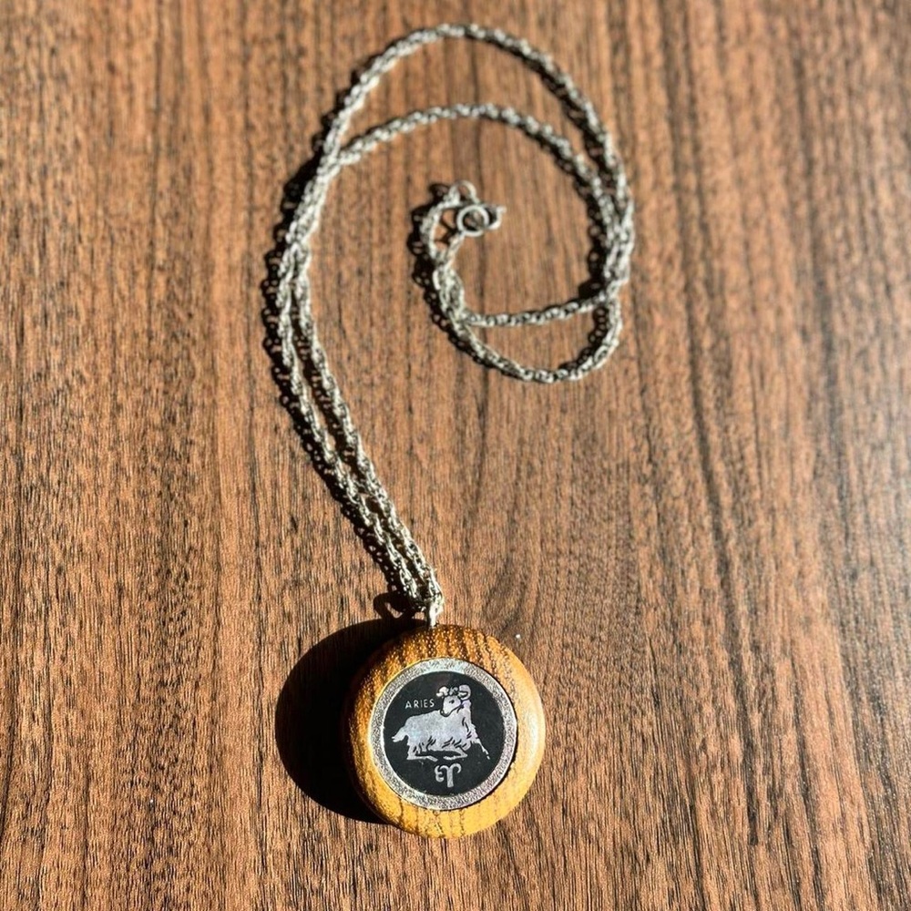 vintage wooden aries pendant necklace